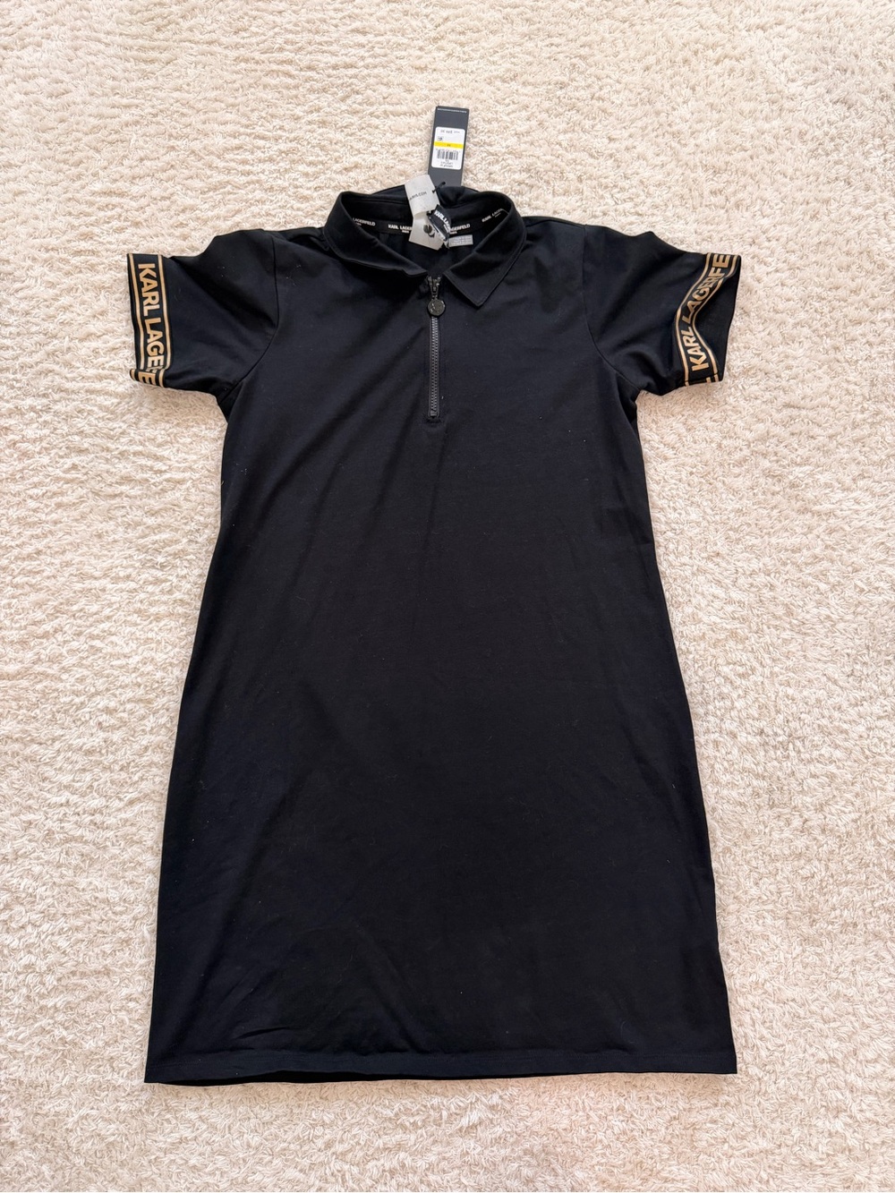 Karl Lagerfeld Black Polo Dress with Gold Logo Sleeve Trim